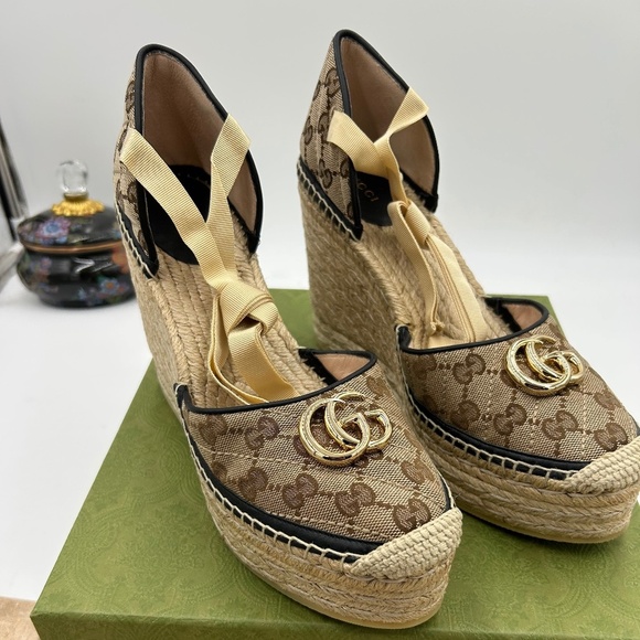 Gucci Shoes - Women’s Gucci, Pilar GG ankle tie, espadrille platform wedge sandal size 42